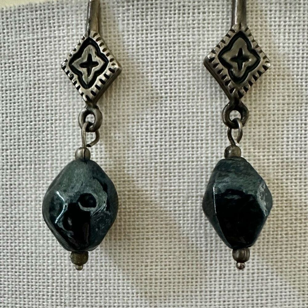 Silver-Tone Dangle Earrings with Faceted Gray Beads